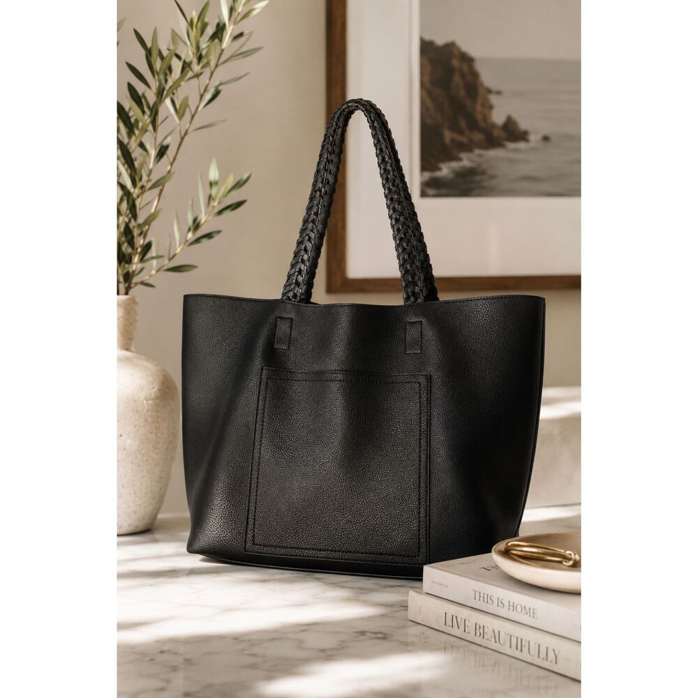 Sondra Roberts Black Leather Tote Bag Braided Straps Large Pebbled Shopper
